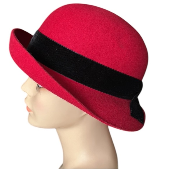 LAURA ASHLEY Vintage 80s Red Wool‎ Felt Hat Bowler Cloche UK Made Mother & Child main image 6